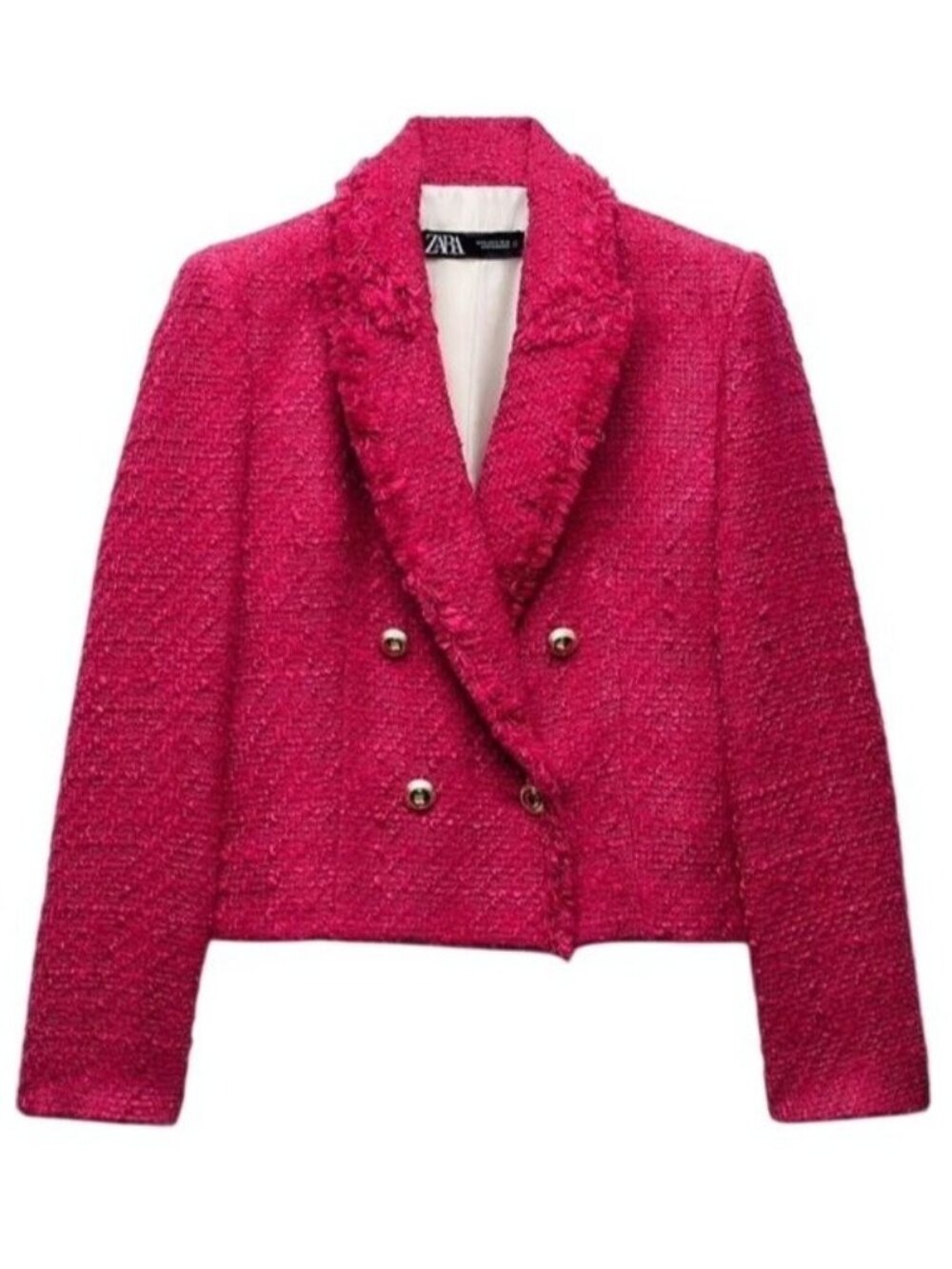 Zara Double-Breasted Tweed Blazer In Fuchsia With Frayed Edges & Gold Buttons - Picture 6 of 13
